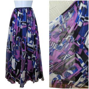 Le Poeme 100% Silk Chiffon Skirt Small Medium Geometric Purple Elastic Waist